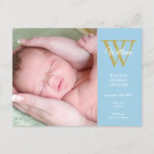 Baby Boy Photo Collage Script Monogram Blue Birth Announcement Postcard