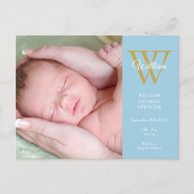 Baby Boy Photo Collage Script Monogram Blue Birth Announcement Postcard (Front)