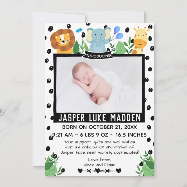 Baby Boy Photo Jungle Animals Announcement Card (Front)