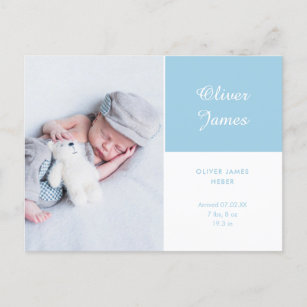 Baby Boy Photo Modern Elegant Script Blue Birth Announcement Postcard