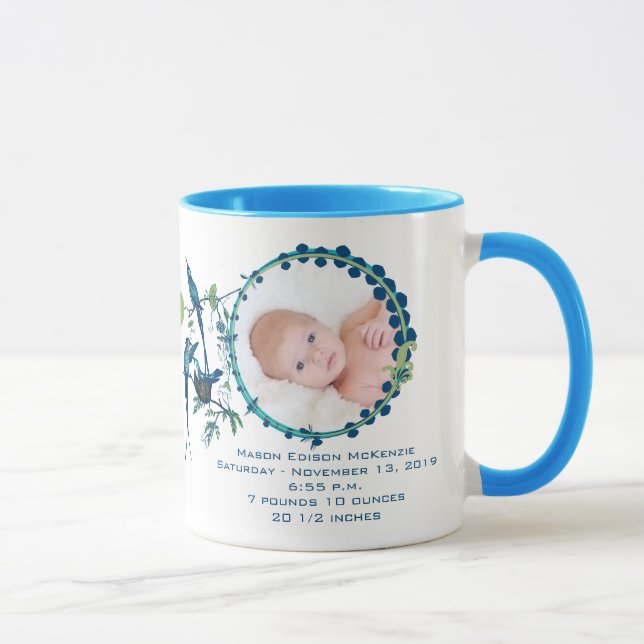 Baby Boy Photo Mug Baby Stats Cute Birds (Right)