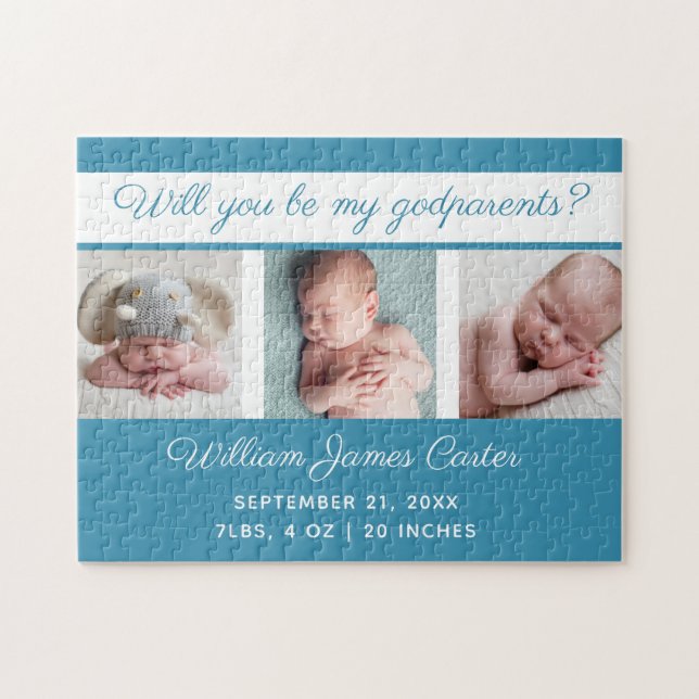 Baby Boy Photo Will You Be My Godparents Cute Blue Jigsaw Puzzle (Horizontal)