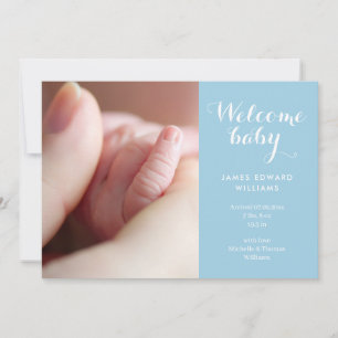 Baby Boy Photos Monogram Blue Script Birth Announcement