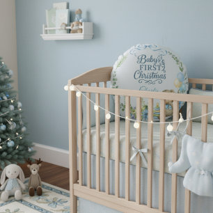 Baby Boy’s First Christmas Personalized Name Photo Round Cushion