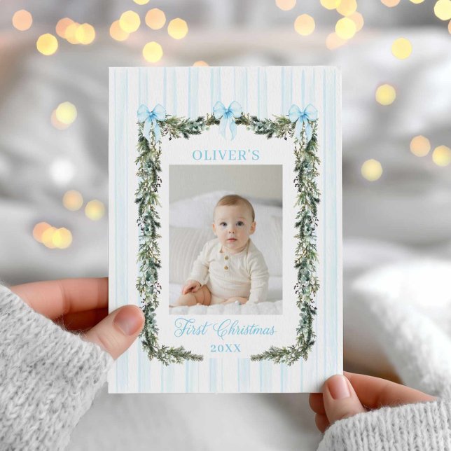Baby Boy’s First Christmas Photo Card (Elegant Blue Photo First Christmas Card)