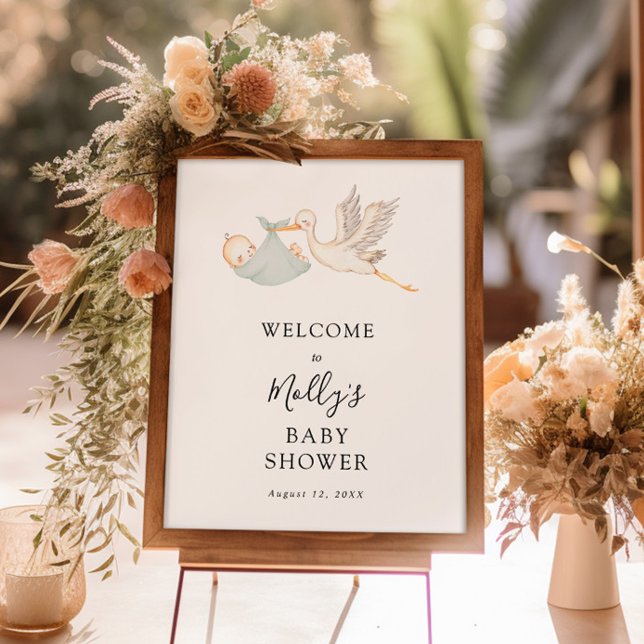 Baby Boy Sage Green Stork Baby Shower Welcome Poster (Creator Uploaded)