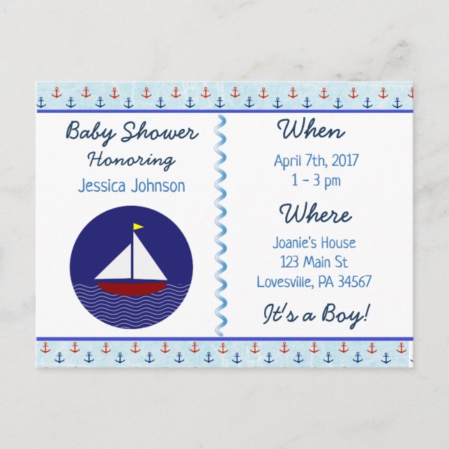 Baby Boy Sailboat Blue Baby Shower Invitation Postcard (Front)
