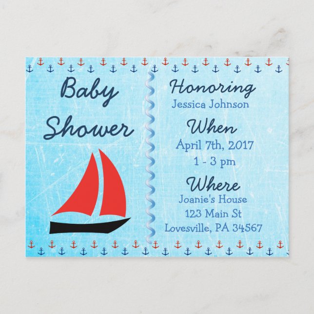 Baby Boy Sailboat Blue Baby Shower Invitation Postcard (Front)