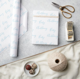 Baby Boy Script Blue Name Customised Wrapping Paper