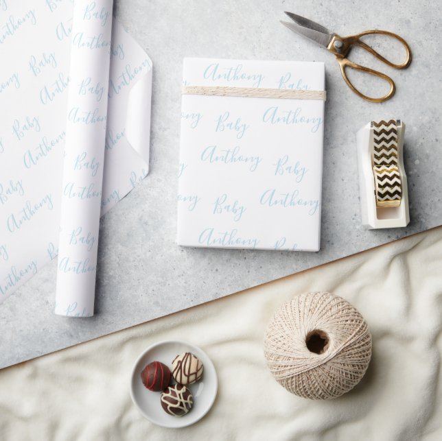 Baby Boy Script Blue Name Customised Wrapping Paper (Crafts)