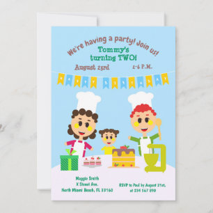 Baby boy second birthday sweet cake invitation