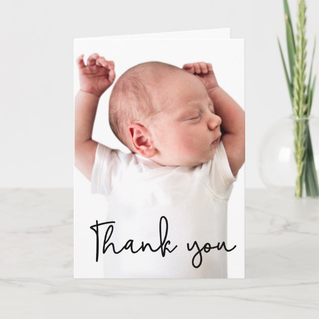 Baby Boy shower baby is here photo Custom Thank You Card (Front)