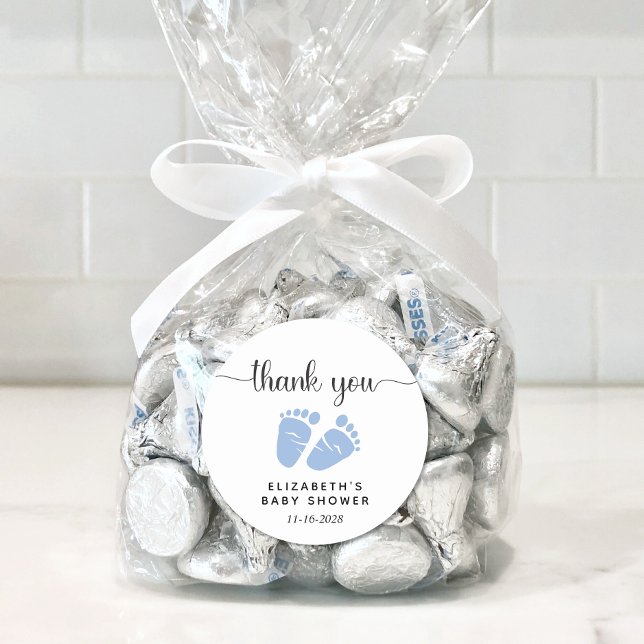 Baby Boy Shower Blue Feet Thank You Classic Round Sticker (Creator Uploaded)