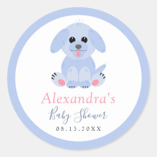 Baby Boy Shower Blue Puppy Personalised Classic Round Sticker