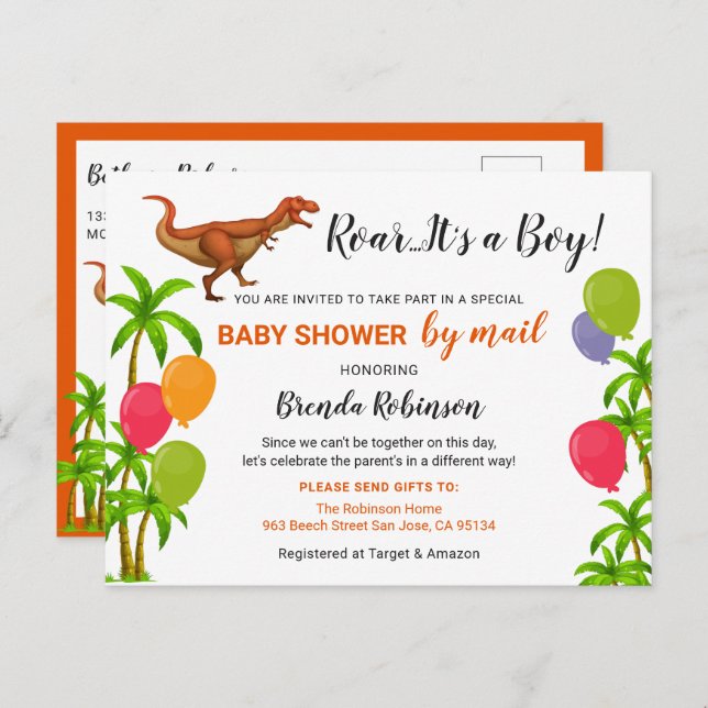 Baby Boy Shower By Mail Roar Jungle Dinosaur Postcard (Front/Back)