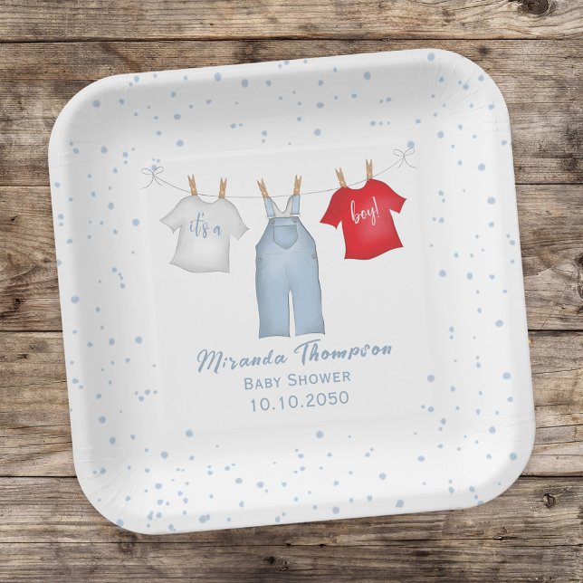 Baby Boy Shower Cute Clothesline Template Paper Plate (Creator Uploaded)