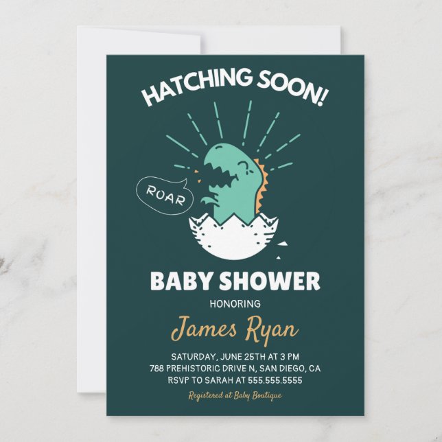 Baby Boy Shower: Dinosaur Hatching Soon Invitation (Front)