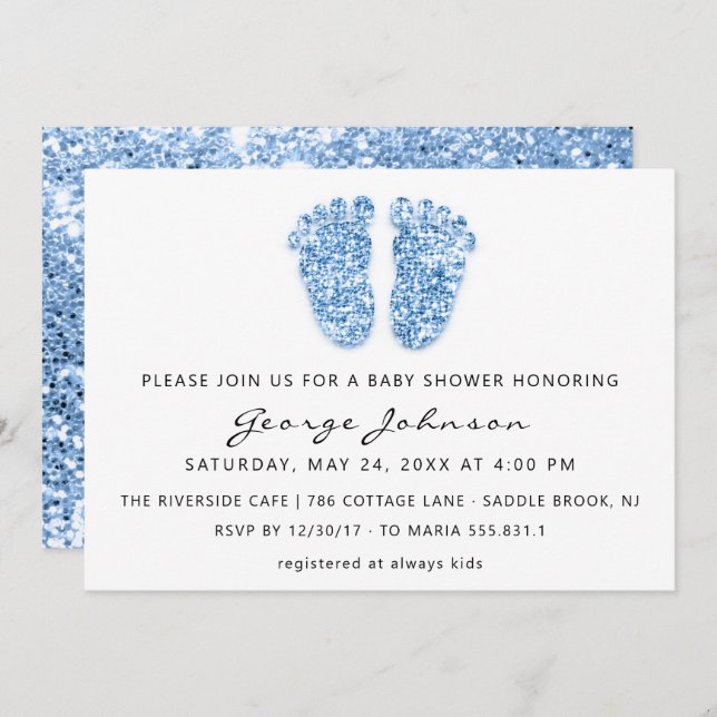 Baby Boy Shower Feet Glitter Blue White Lux Invitation (Front/Back)