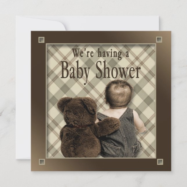 BABY BOY SHOWER INVITATION - BABY AND TEDDY BEAR (Front)