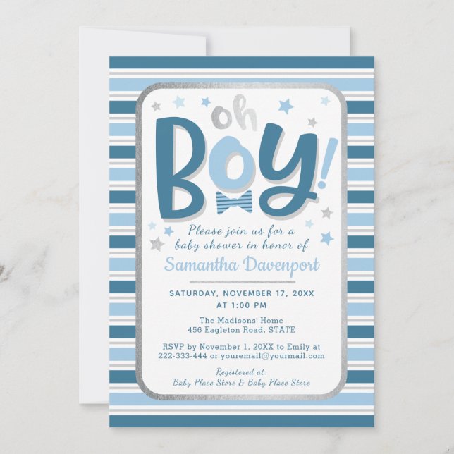 Baby Boy Shower Invitation | Blue Stripes (Front)