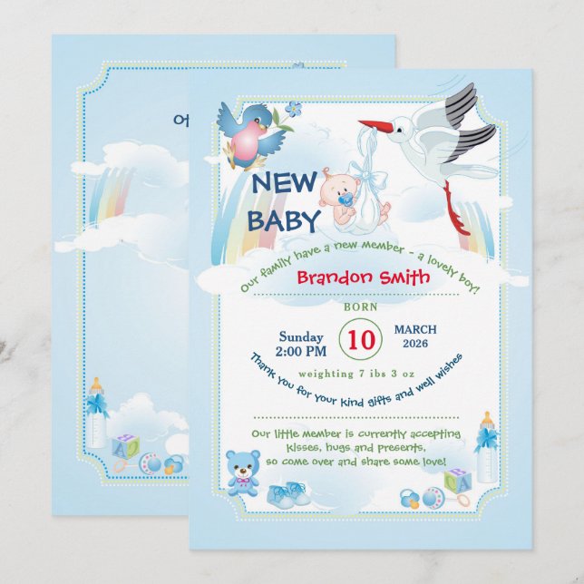 baby boy shower invitation with a funny stork (Front/Back)