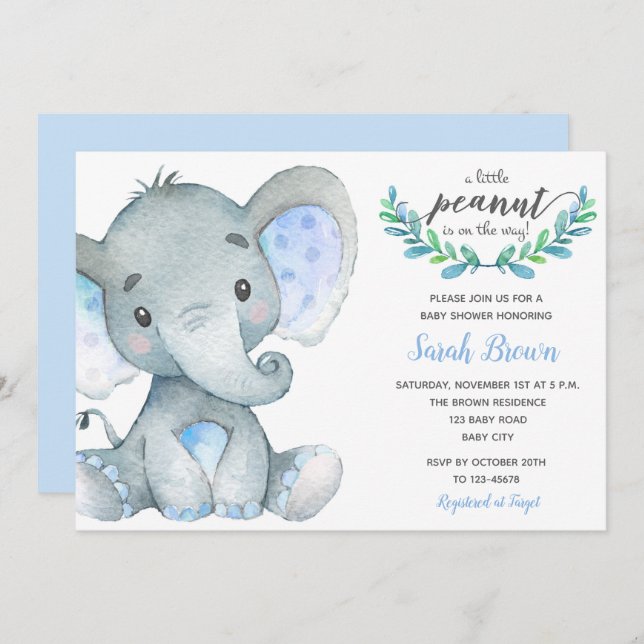 Baby boy shower invitations (Elephant Watercolor) (Front/Back)