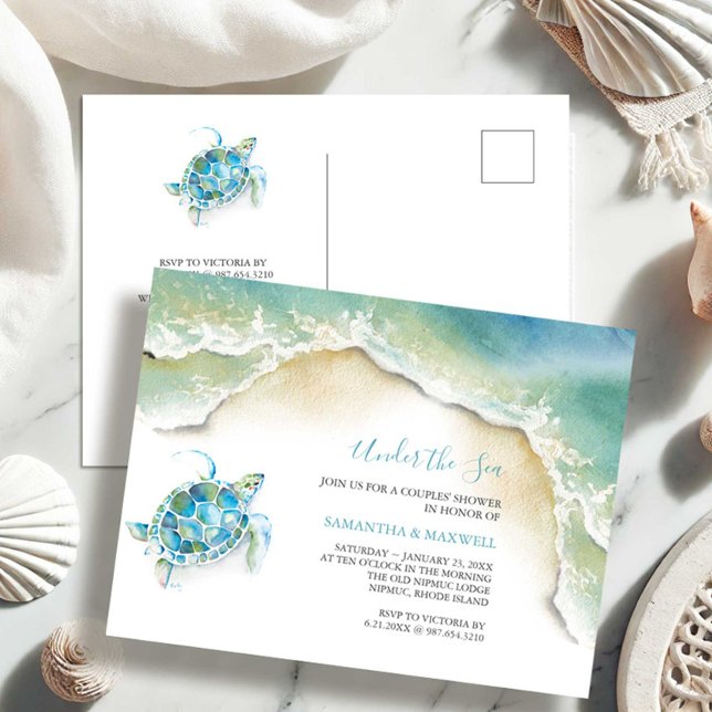 Baby Boy Shower Invitations Watercolor Sea Turtle (Baby boy shower invitations cute watercolor under the sea turtle Victoria Grigaliunas DoTellABelle)