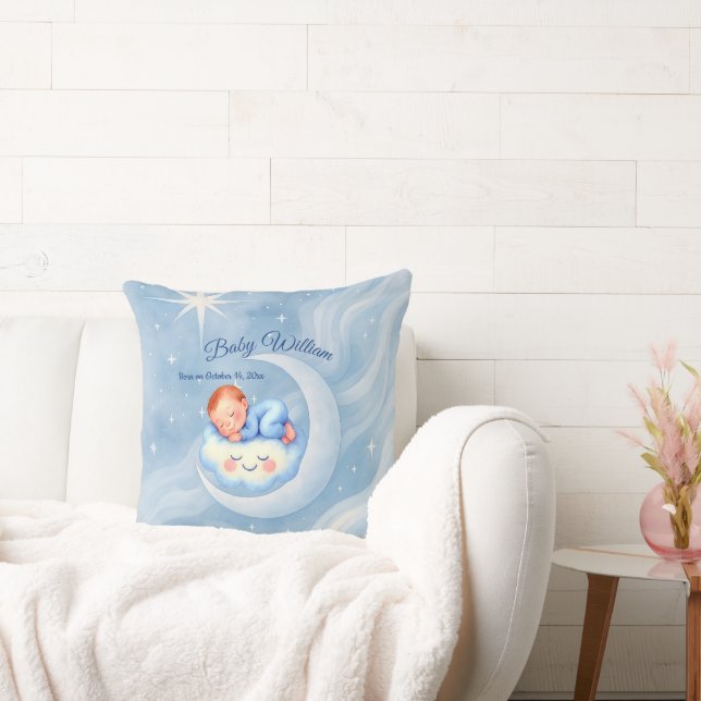 Baby Boy Shower Invite Moonlight Stars Watercolor Cushion (Couch)