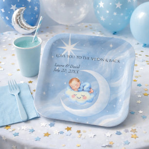 Baby Boy Shower Invite Moonlight Stars Watercolor Paper Plate