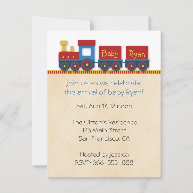 Baby Boy Shower Invite: Yellow, Red & Blue Train Invitation (Front)