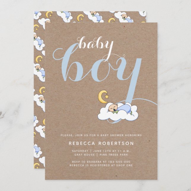 Baby boy shower kraft paper typography blue invitation (Front/Back)