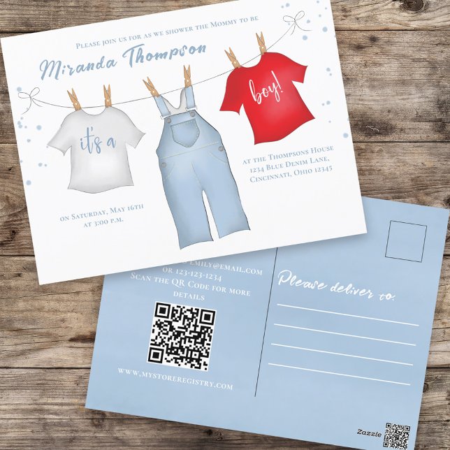 Baby Boy Shower Watercolor Clothesline Template Postcard (Creator Uploaded)