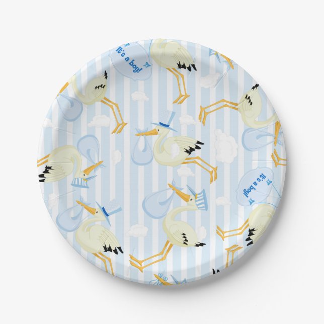 Baby boy shower with stork paper plate (Front)