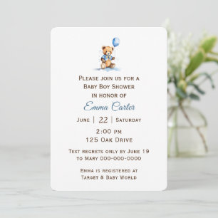 Baby Boy Shower with Teddy Bear and Balloon Invitation