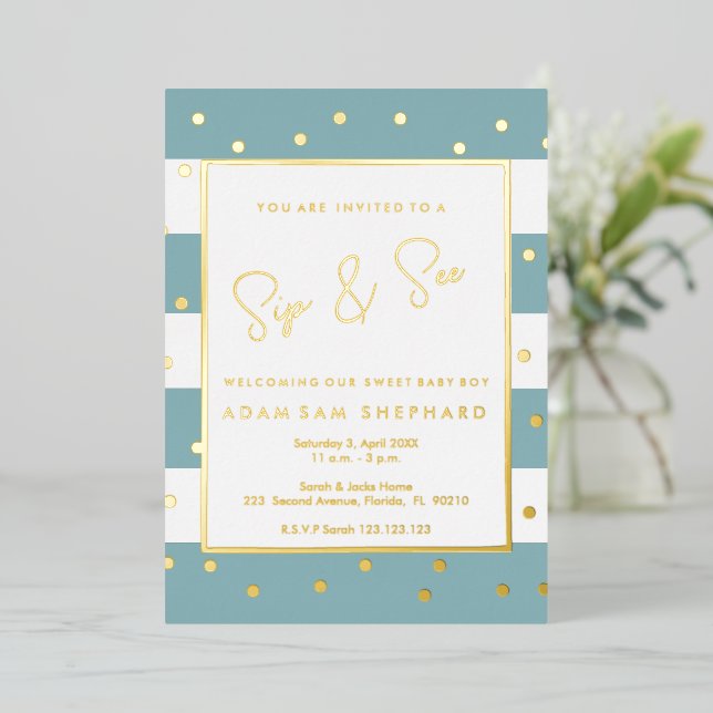 Baby Boy Sip and See Invitation - Elegant shower (Standing Front)