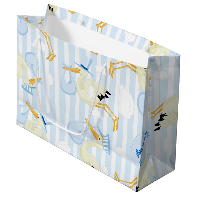 Baby boy stork blue and white large gift bag (Front Angled)
