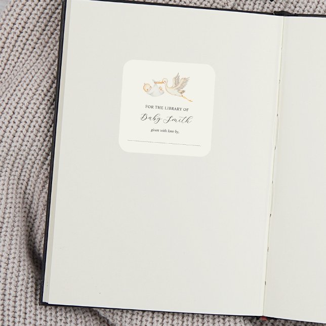 Baby Boy Stork Shower Bookplate Square Sticker (Creator Uploaded)