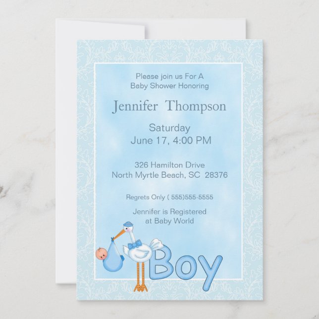 Baby Boy Stork Shower Invitations (Front)