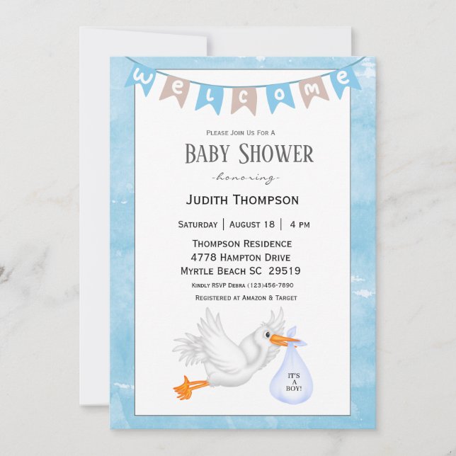 Baby Boy Stork Shower Invitations (Front)