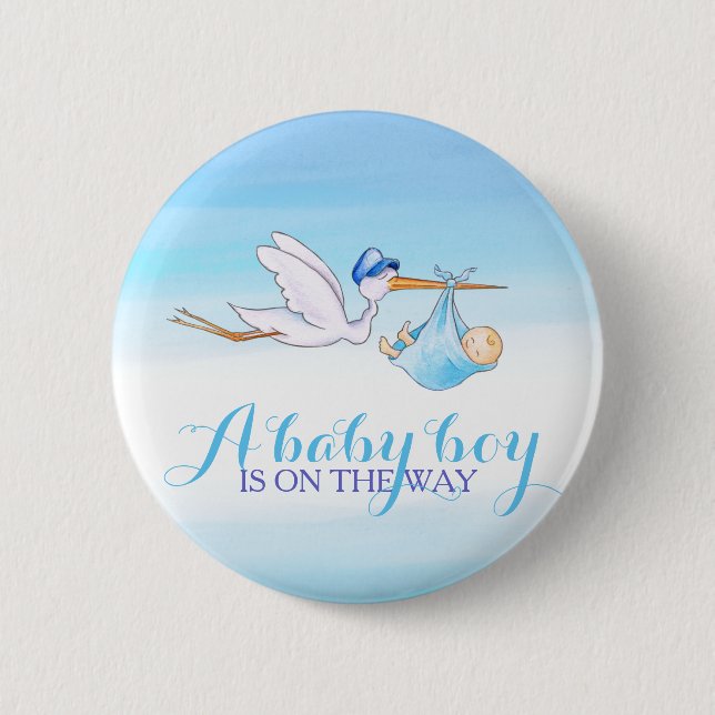 Baby boy stork watercolor button badge (Front)