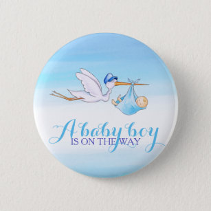 Baby boy stork watercolor button badge