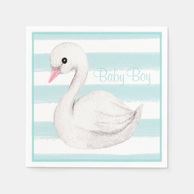 Baby Boy Swan Blue Script Baby Shower Napkin (Front)