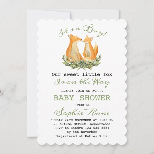 Baby Boy Sweet Fox Woodland Baby Shower Invitation (Front)
