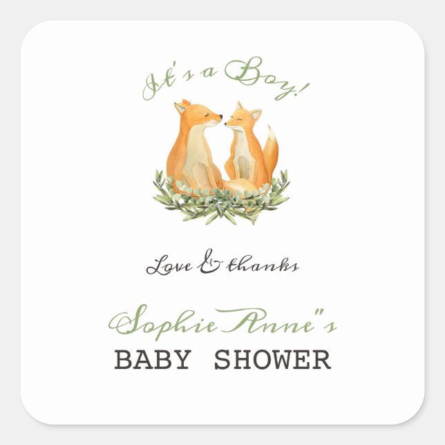 Baby Boy Sweet Fox Woodland Baby Shower Square Sticker (Front)