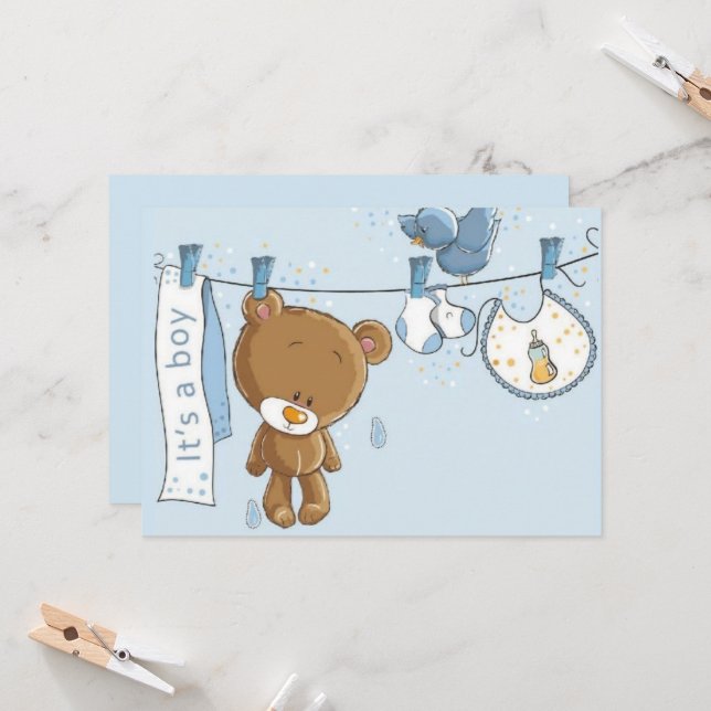 Baby Boy Teddy Bear Baby  Throw Pillow Invitation (Front/Back In Situ)