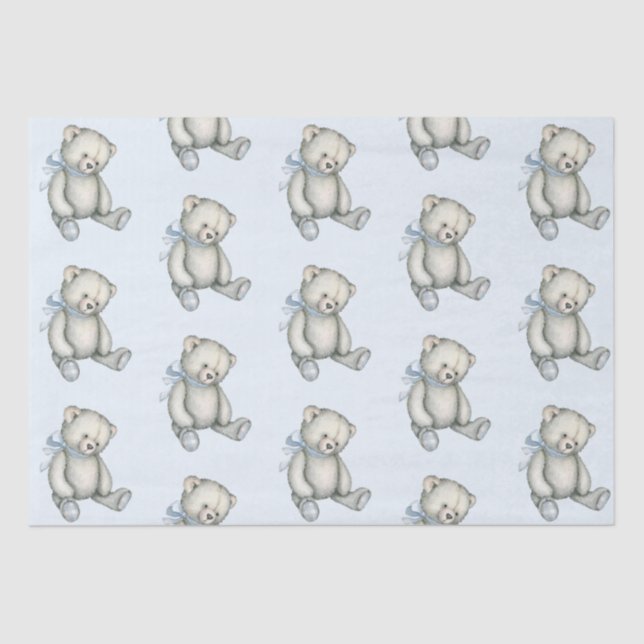 Baby Boy Teddy Bear Blue Watercolor Gift Tissue Paper (Front)