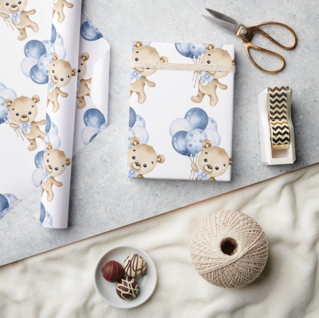 Baby Boy Teddy Bear Blue Watercolor Wrapping Paper (Crafts)
