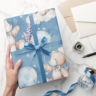 Baby Boy Teddy Bear Floating Balloon Wrapping Paper