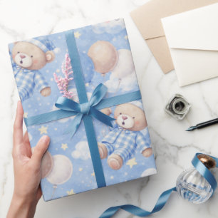 Baby Boy Teddy Bear Floating Balloon Wrapping Paper