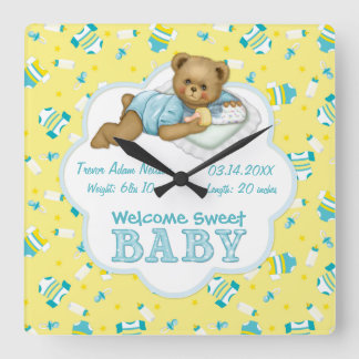 Baby Boy Teddy Bear Square Wall Clock